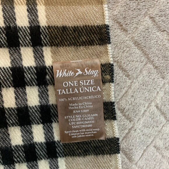 White Stag One Size Scarf Plaid Tan Brown Acrylic with Tassels 64x11 New - Picture 5 of 5